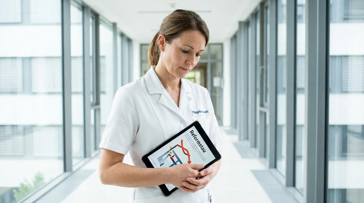 Pflegefachkraft im Krankenhaus betrachtet Unterlagen - Pflegeausbildung auf Rekordhoch 2025
