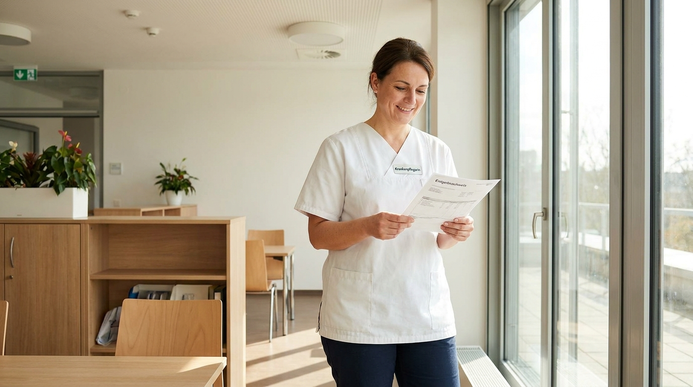 Pflegekraft in weißer Uniform betrachtet erfreut ihren Gehaltszettel in einer modernen Pflegeeinrichtung